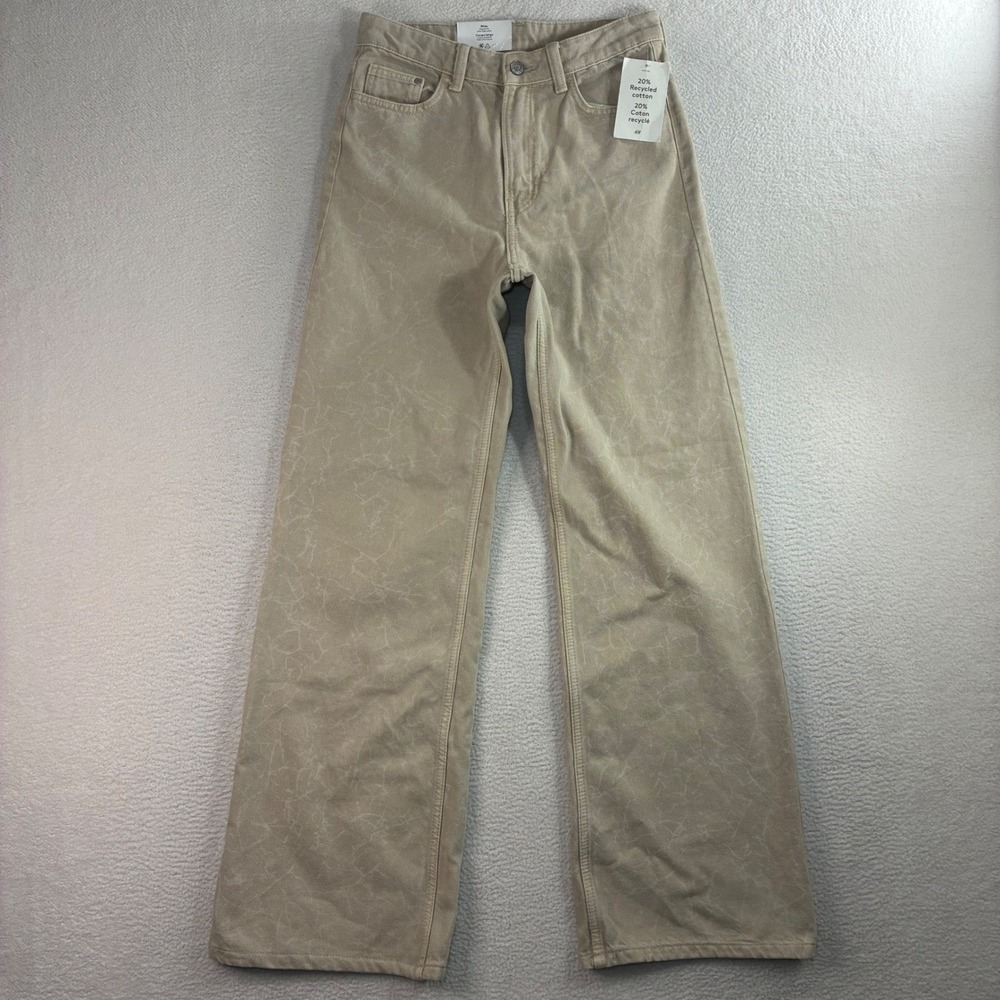 H&M Wide Leg Ultra High Waist Jeans Women 4 28x32 Beige Denim Marble Boho NWT